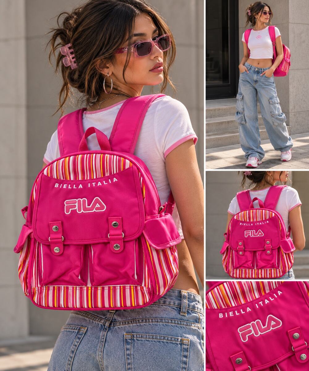 FILA Biella Italia Pink Backpack Striped Y2K McBling School Bag